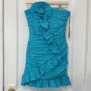 NWT Liv Foster Women's Blue Crushed Stretch Taffeta Rosette Mini Dress, US 10